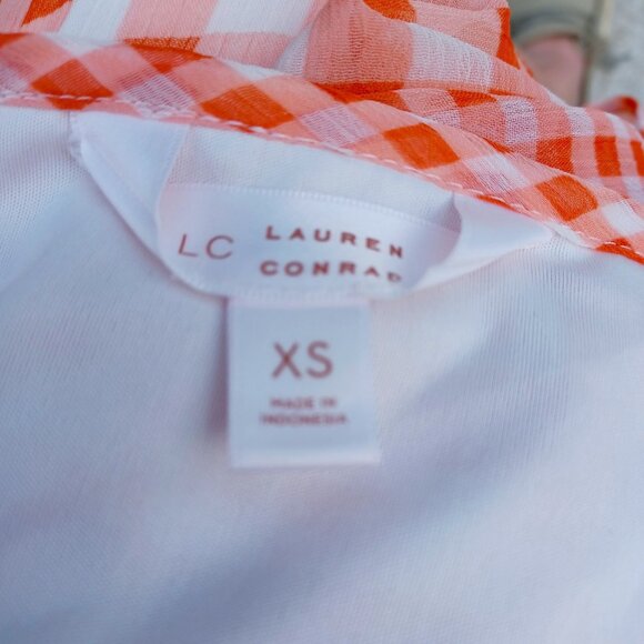 Lauren Conrad XS Orange & White Gingham Ruffle Wrap Dress With Belted Waist & Sl - Picture 5 of 7